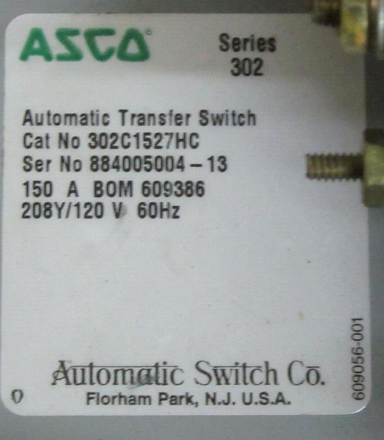 Used ASCO AUTOMATIC TRANSFER SWITCH SERIES 302 302C1527HC 150 AMP 208/120 VOLT