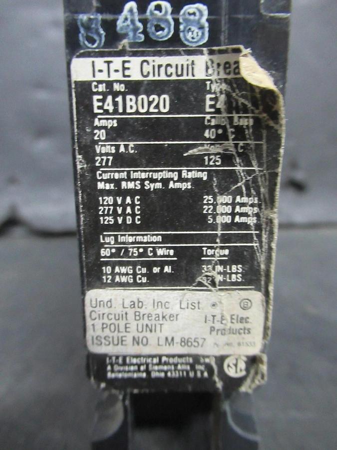 Used ITE CIRCUIT BREAKER E41B020 20 AMP 277 VAC SINGLE POLE TYPE: E4 **WARRANTY**