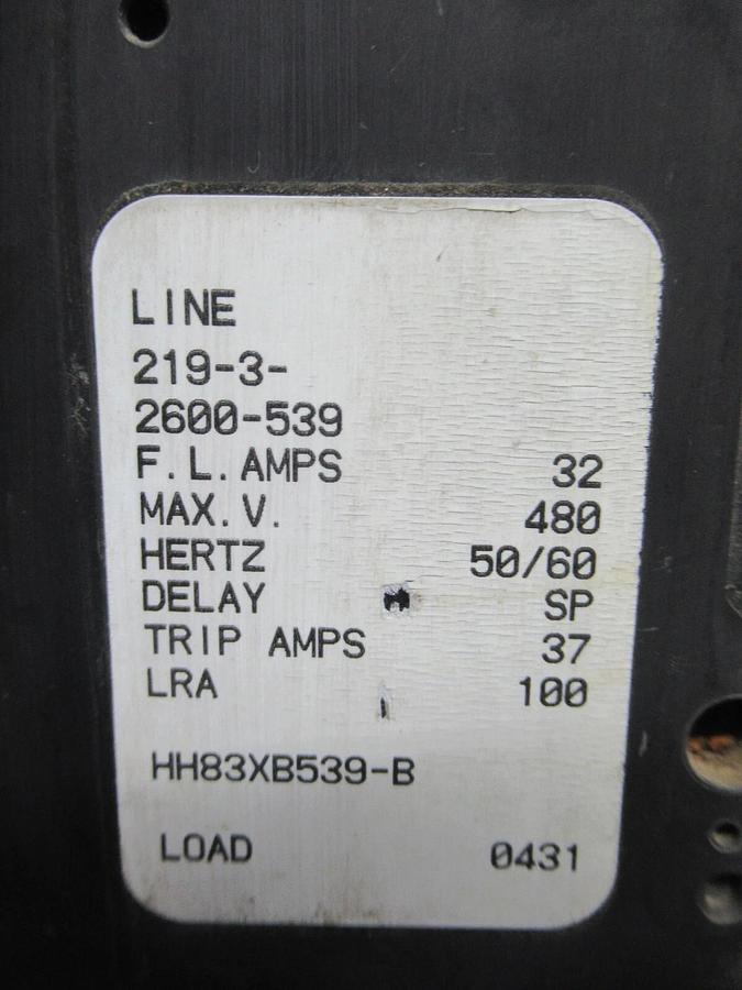 Used AIRPAX LINE BREAKER HH83XB539-B 219-3-2600-539 37 AMP TRIP 600 VAC 3-POLE