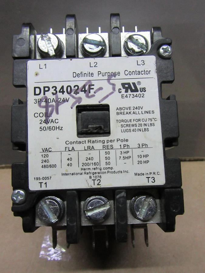 Used IRP CONTACTOR DP34024F 40 AMP 600 VAC 20 HP 3-POLE 3-PHASE COIL: 24 VOLT