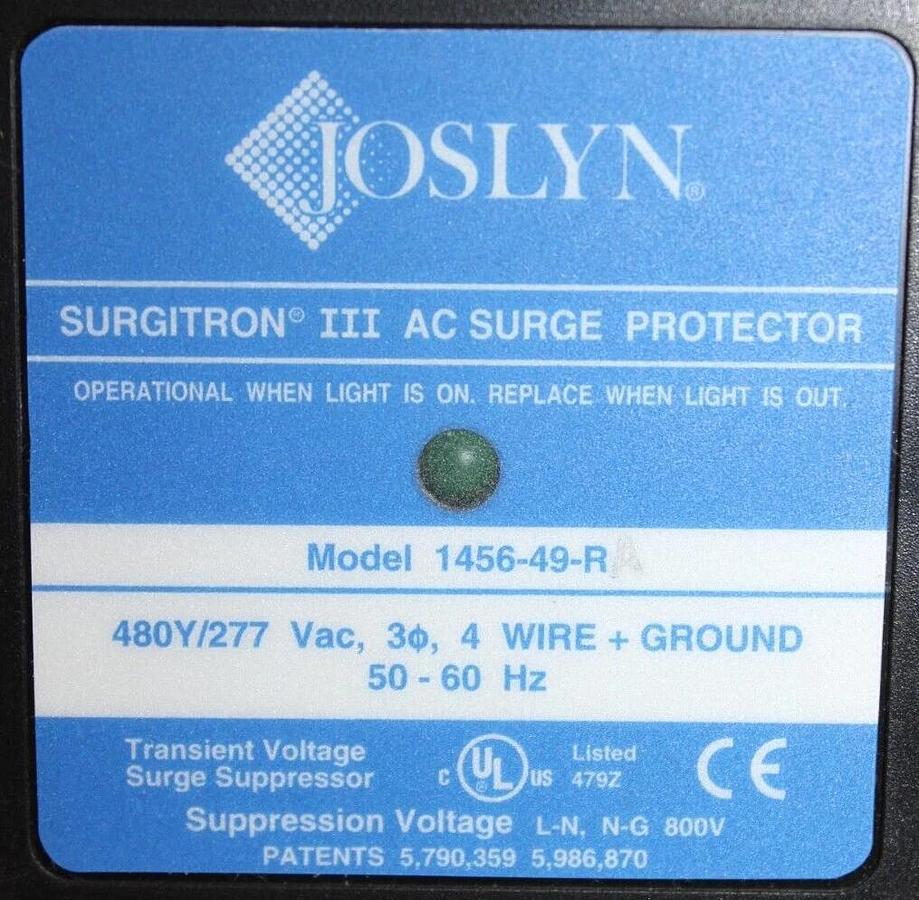 Used JOSLYN AC SURGE PROTECTOR SURGITRON III 1456-49-R 480Y/277V 3-PHASE 4-WIRE