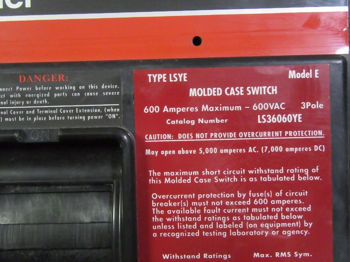Used CUTLER HAMMER MOLDED CASE BREAKER 600 AMP 600 VAC 3 POLE MODEL: LS36060YE