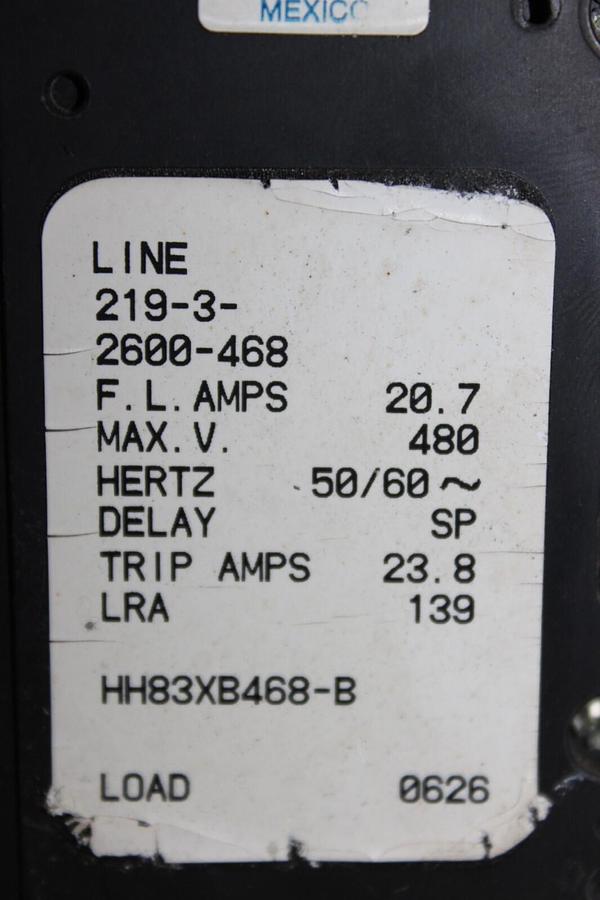 Used AIRPAX CIRCUIT BREAKER 3-POLE 219-3-2600-468 20.7-23.8 AMP 480V 50/60 HZ