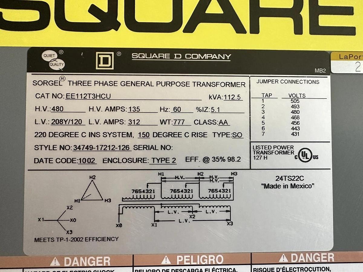 Used 112.5 KVA SQUARE D TRANSFORMER EE112T3HC PRI: 480V @ 135 SEC: 208Y/120V @ 312