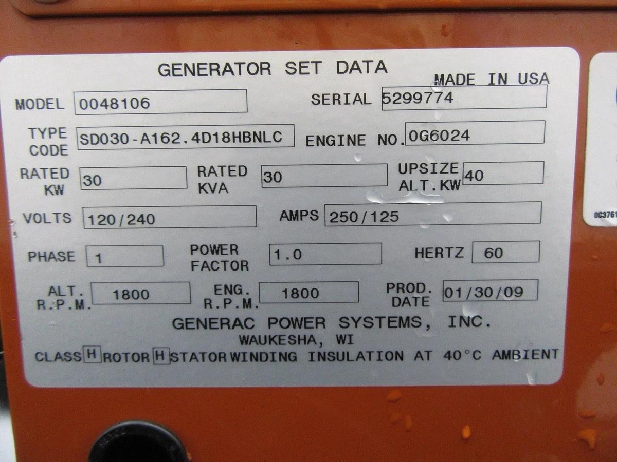 Used 30 KW DIESEL GENERATOR GENERAC 120/240 VOLT SINGLE PHASE 519 HOURS VIDEO WE SHIP