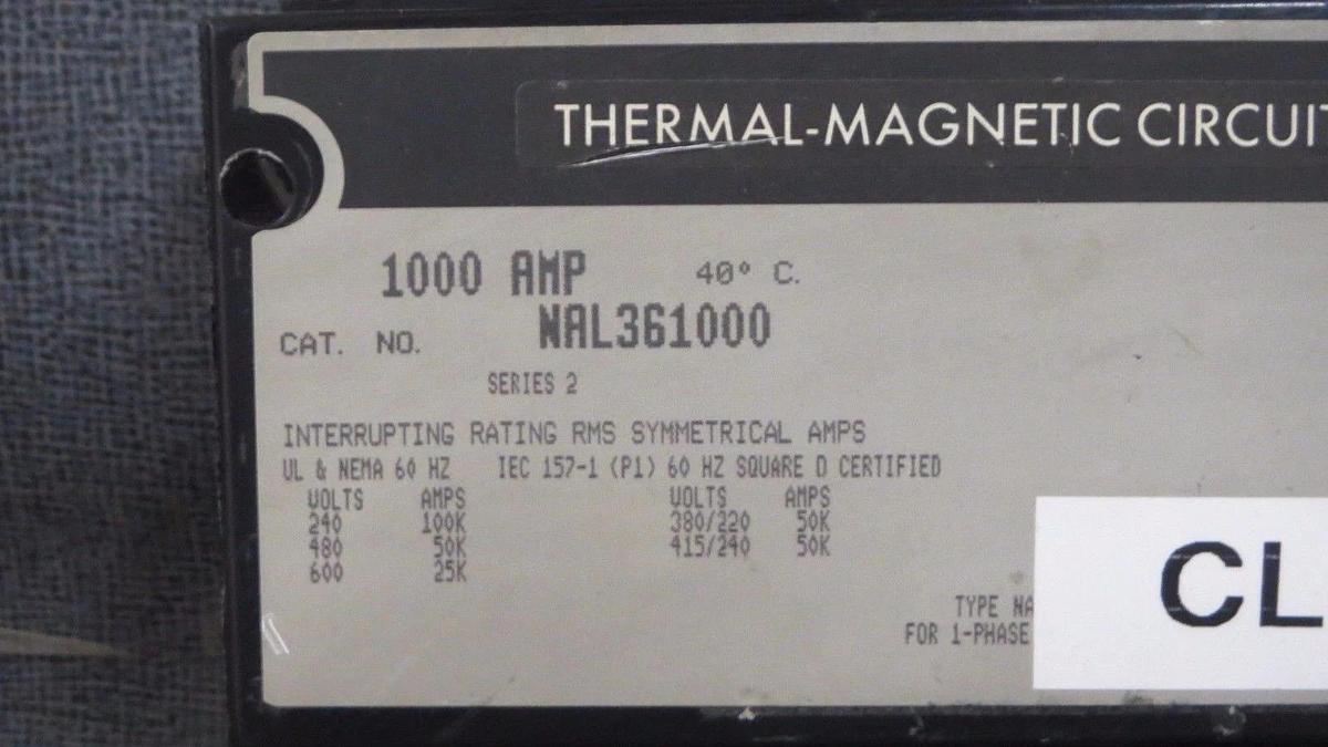 Used SQUARE D BREAKER 1000 AMP 600 VAC 3 POLE MODEL NAL361000 **WARRANTY INCLUDED**