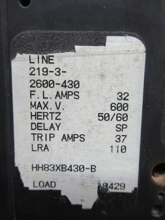 Used AIRPAX LINE BREAKER HH83XB430-B 219-3-2600-430 37 AMP TRIP 600 VAC 3-POLE