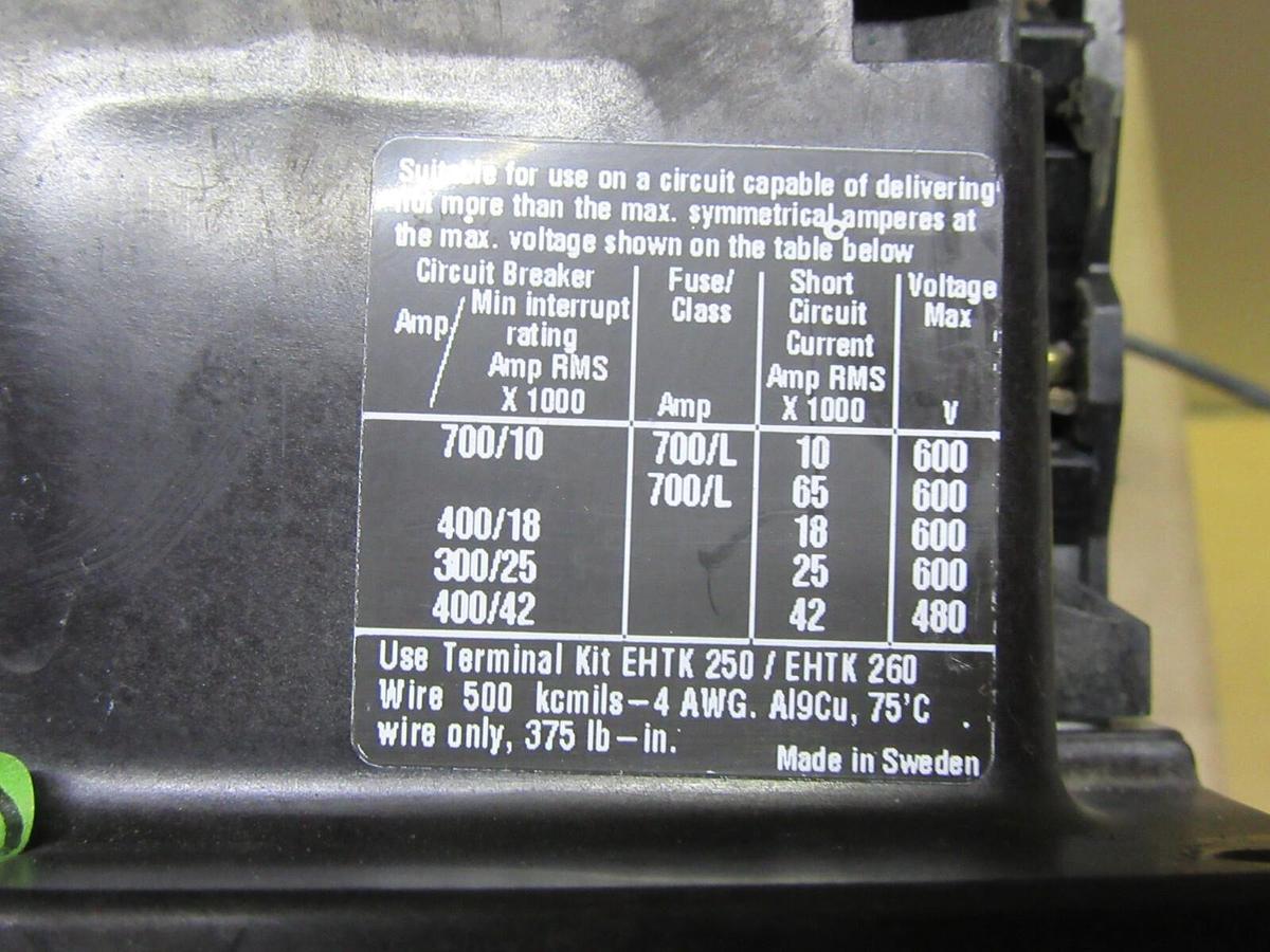 Used ABB CONTACTOR EH-260 600 VAC 300 AMP 250 HP 3-PHASE 3-POLE COIL: 24 VDC