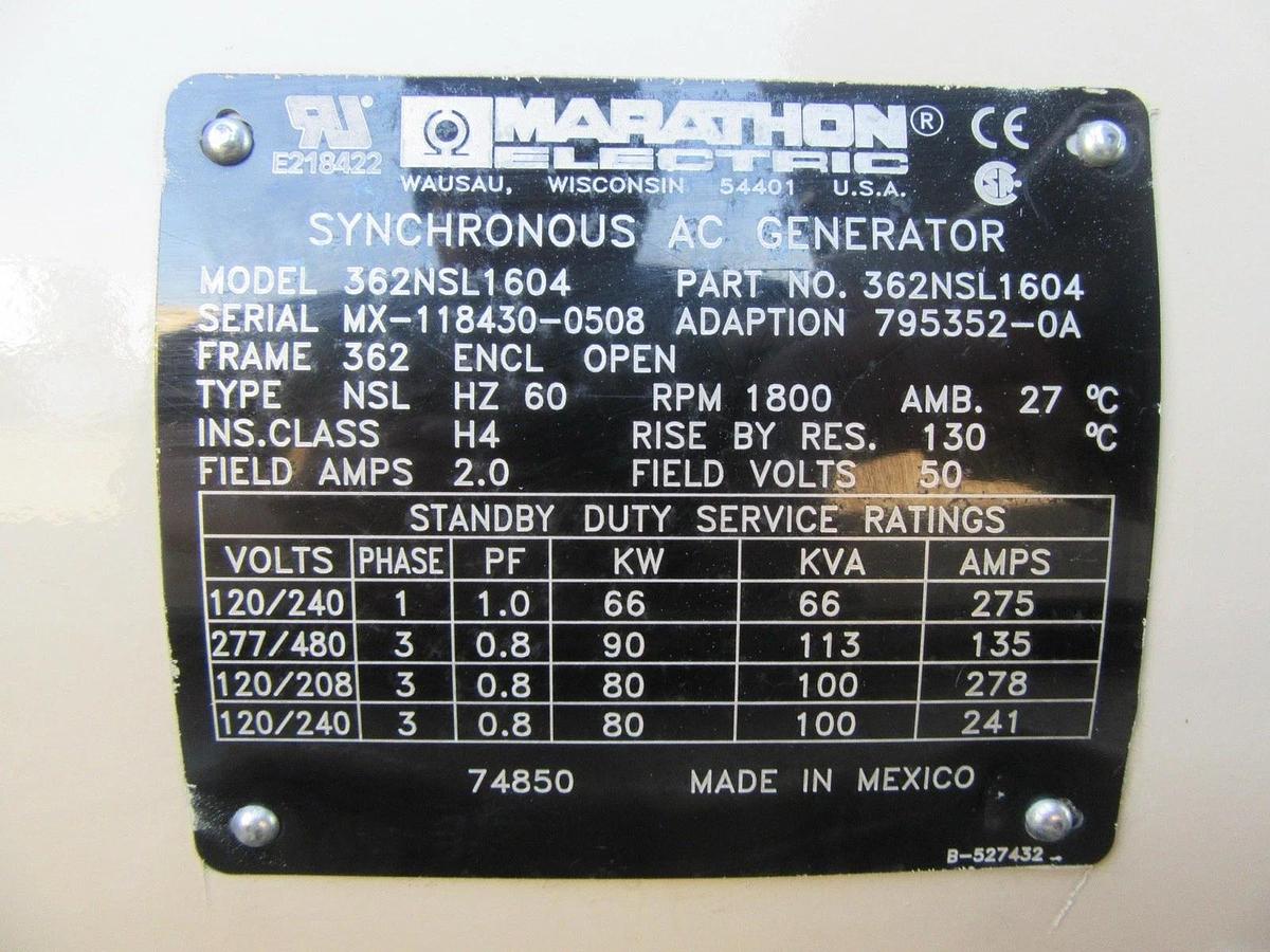 Used 60 KW DIESEL GENERATOR KATOLIGHT 120/240V RE-CONNECTABLE SOUND ENCLOSED 854 HRS