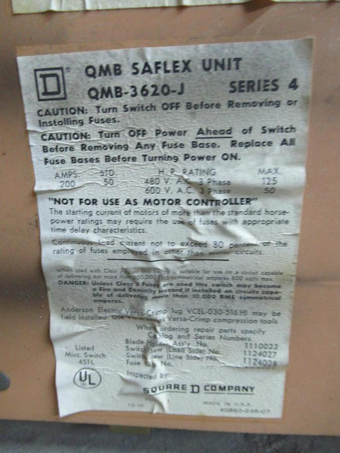 Used SQUARE D QMB SAFLEX UNIT QMB-3620-J 200 AMP 600 VAC 3-POLE 3-PHASE 125 HP