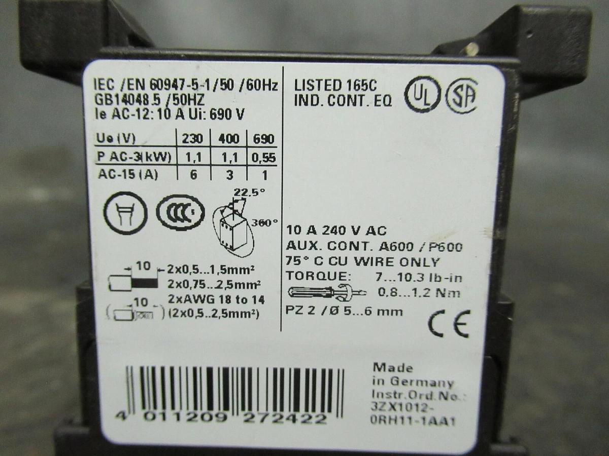 Used 10 AMP SIEMENS CONTACTOR 3RH1122-1AB00 240 VAC 3 POLE **WARRANTY INCLUDED**