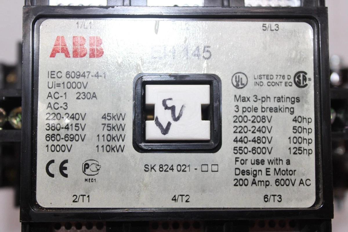 Used ABB CONTACTOR EH145 200 AMP 600 VAC 3-POLE 125 HP COIL: 24 VOLT *WARRANTY*