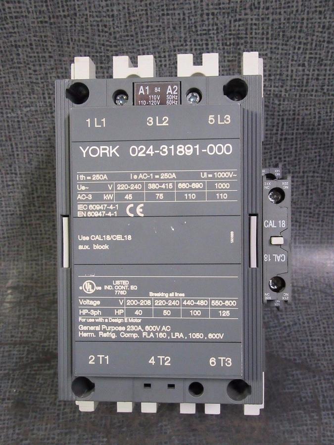 Used YORK ABB CONTACTOR # 024-31891-000 # A145-30  230 AMP 600V 3 PHASE 110-120V COIL