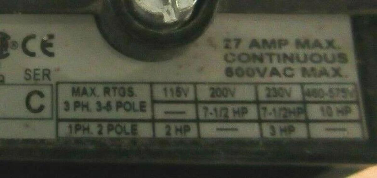 Used ALLEN BRADLEY CONTACTOR 500F-BOD930 SER. C NEMA: 1 10 HP 600 VAC COIL: 120 VAC