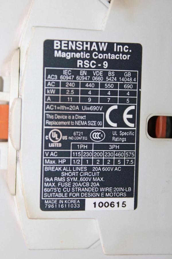 Used BENSHAW RSC-9 SIZE 00 MAGNETIC CONTACTOR RSC-9 20 AMP 600V 120 VAC COIL