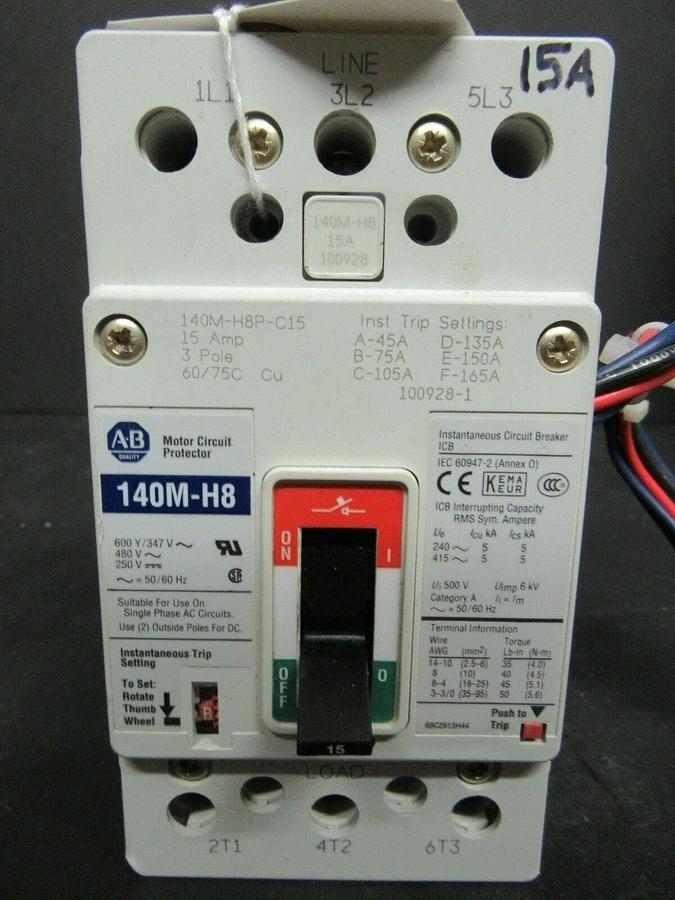 Used 15 AMP ALLEN BRADLEY BREAKER 140M-H8P-C15 3 POLE 480 VAC **WARRANTY INCLUDED**