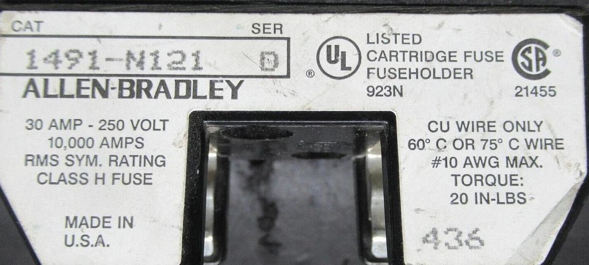 Used ALLEN-BRADLEY SINGLE POLE FUSE BLOCK 1491-N121 SER. D 250 VOLT 30 AMP CLASS H