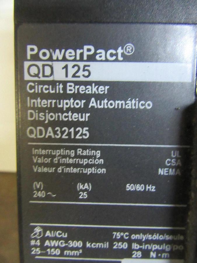 Used SQUARE D I-LINE CIRCUIT BREAKER QDA32125 125 AMP 3-POLE 240 VOLT **WARRANTY**