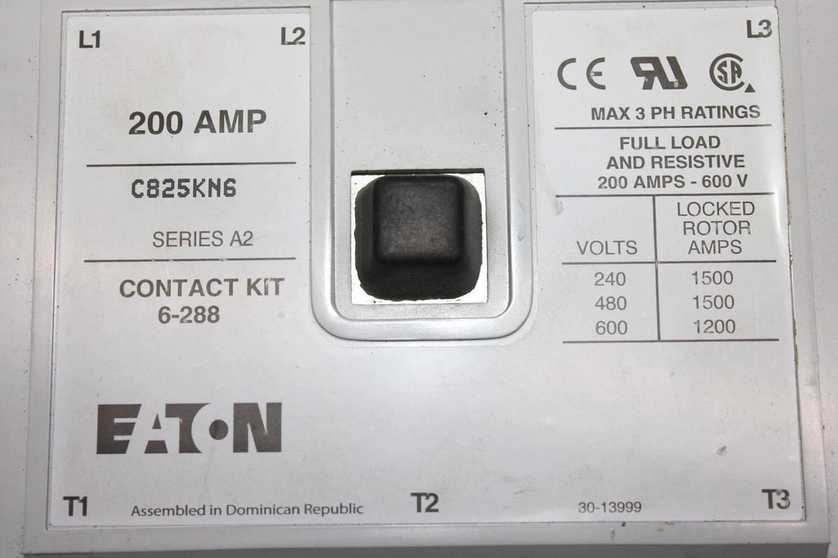 Used CUTLER-HAMMER CONTACTOR C825KN6 200 AMP 600 VAC 3-PHASE COIL: 120V