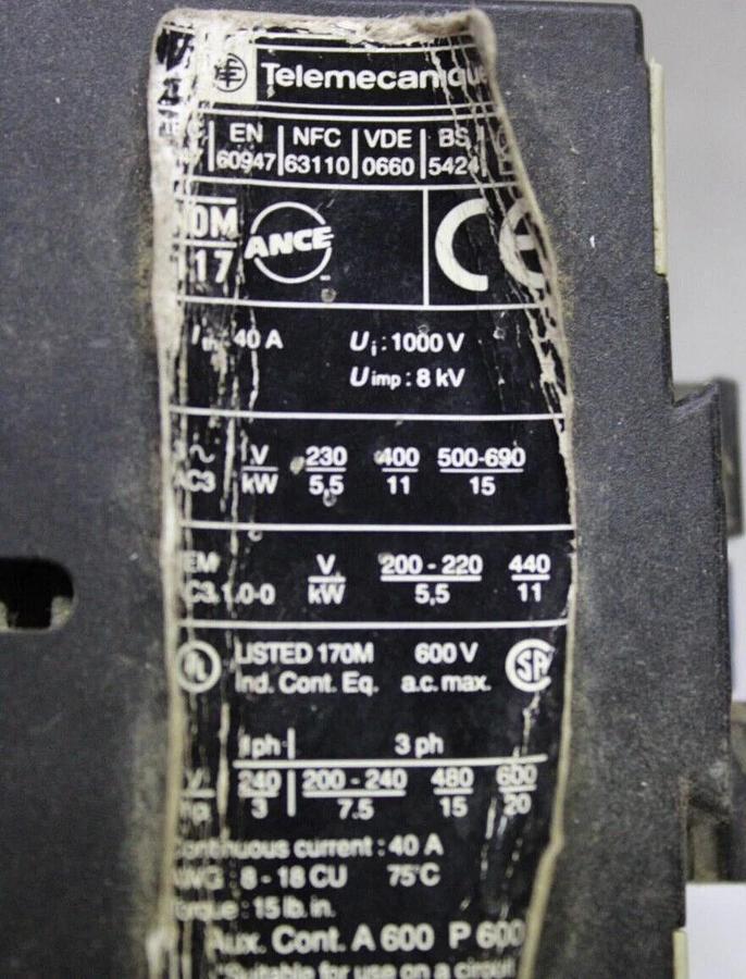 Used TELEMECANIQUE CONTACTOR LC1D2510 40 AMP 600 VAC 20 HP COIL: 120V *WARRANTY*