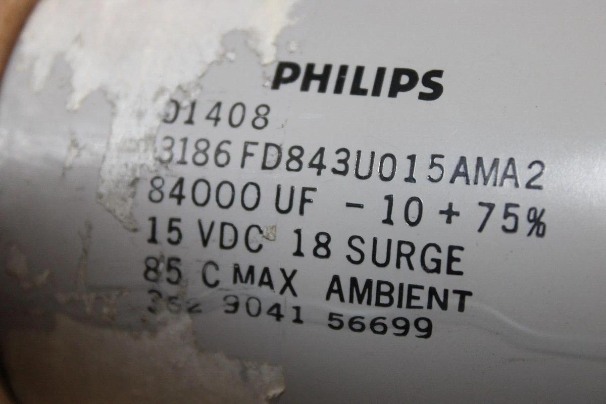 Used PHILIPS CAPACITOR 3186FD843U015AMA2 84000 uF -10% +75% 15 VDC 362-9041-56699