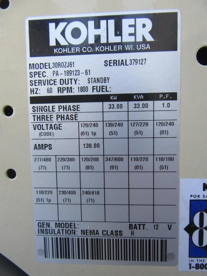 Used 30KW DIESEL GENERATOR  KOHLER 120/240 V JOHN DEERE  12-LEAD RECONNECTABLE 33 KW