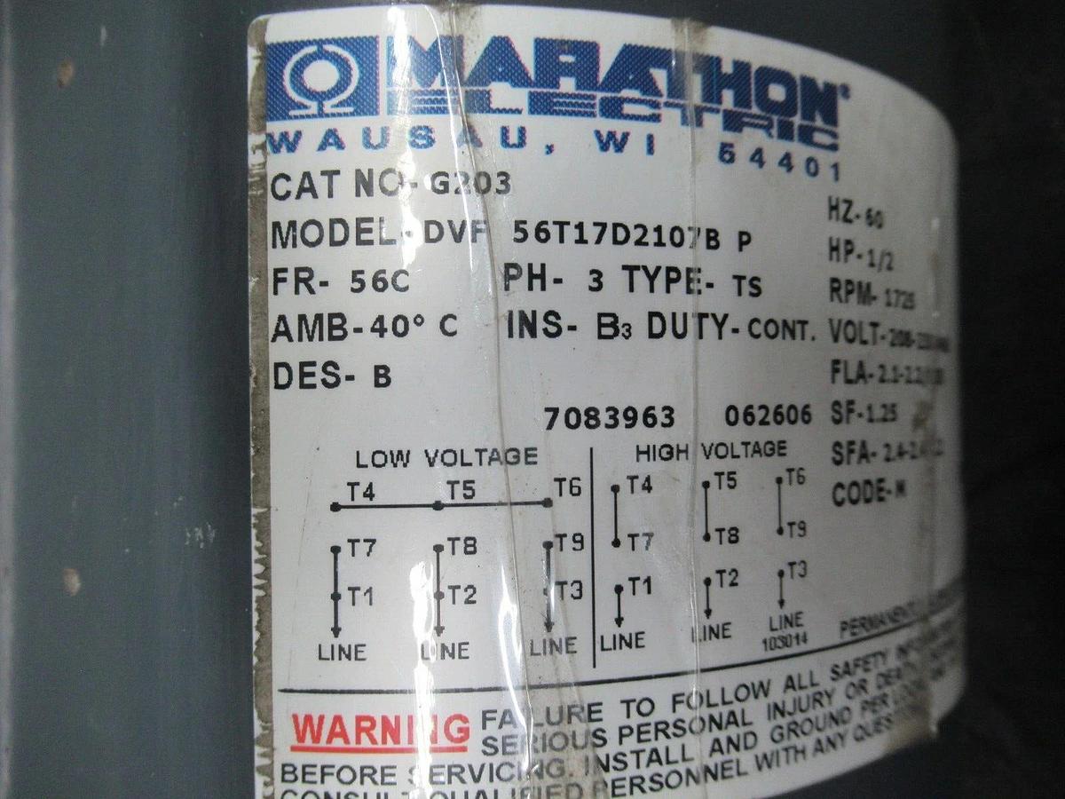 Used MARATHON MOTORS G2C3 DVF56T17D2107BP 3 PHASE 480 VOLT 2.2 AMP 0.5 AMP 1725 RPM