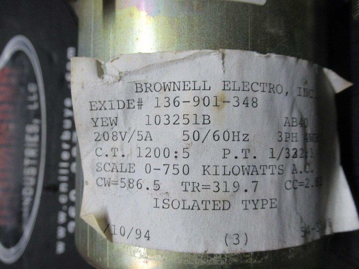 Used YOKOGAWA / BROWNELL ELECTRO AC KILOWATT METER 750 MAX 10325LB / 136-901-348