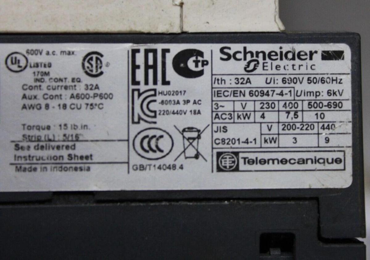 Used SCHNEIDER CONTACTOR LC1D18 32 AMP 600 VAC 3-POLE 3-PHASE 10 KW COIL: 110V