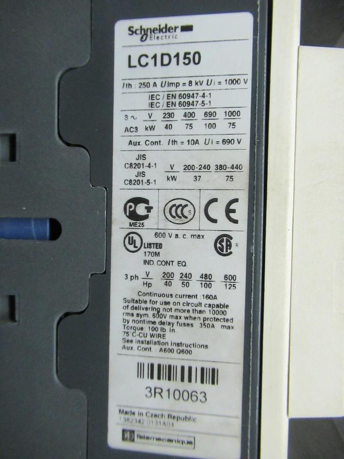 Used SCHNEIDER STARTER LC1D150 160 AMP 600 VOLT 3-POLE 125 HP 3-PHASE W/ LR2D43