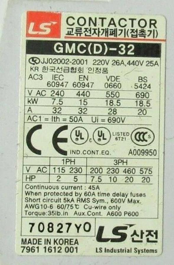 Used LS CONTACTOR GMC-32 600 VAC 45 AMP 20 HP 220 VOLT COIL **WARRANTY**