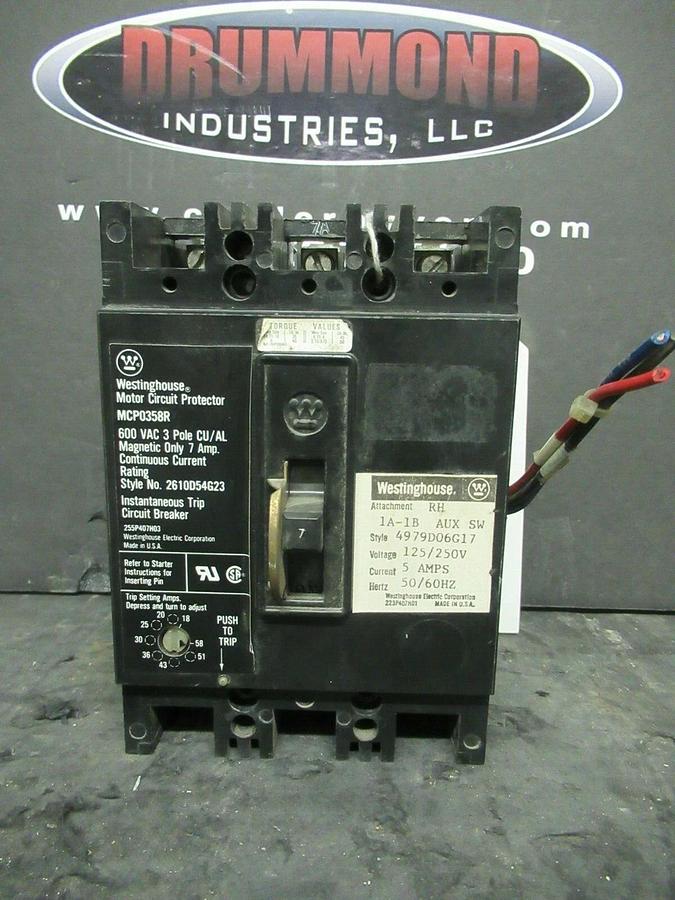 Used 7 AMP WESTINGHOUSE BREAKER MCP0358RC 600 VAC 3-POLE **WARRANTY INCLUDED!**