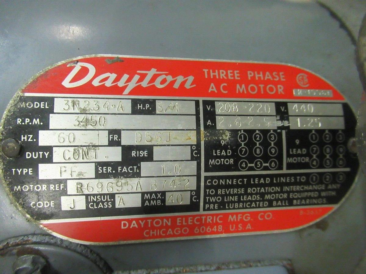 Used HYDRAULIC PUMP DAYTON 3-PHASE 3N234-A 3/4 HP 3450 RPM 60 HZ 1.0 SF LINE OILER