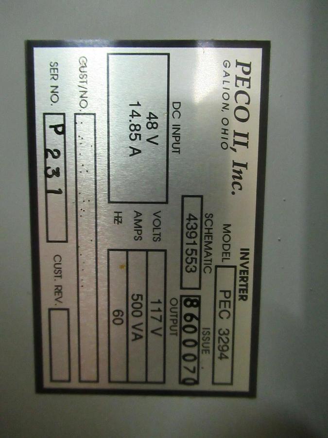 Used PECO II, INC SCR INVERTER PEC3294 48 VDC 14.85 AMPS INPUT TO 117 VAC 500 VA