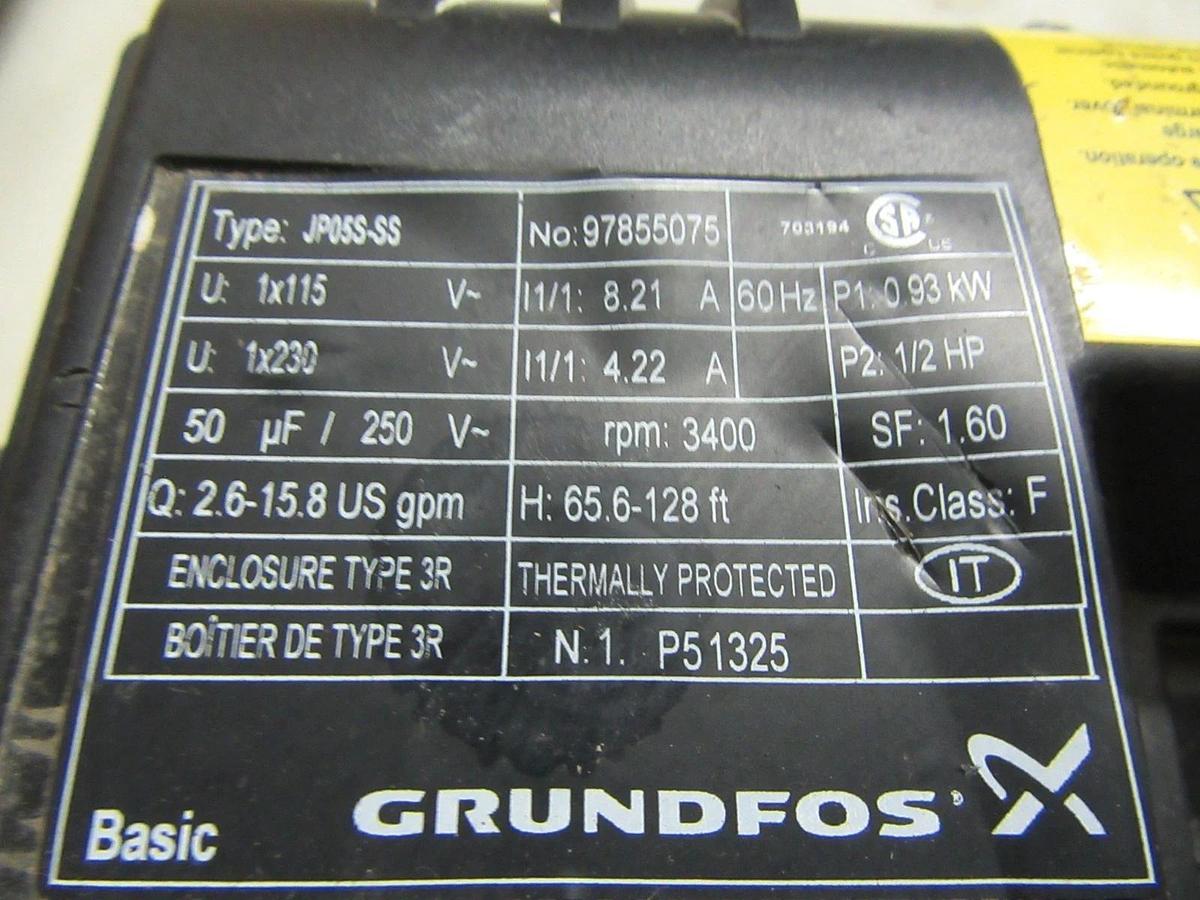 Used GRUNDFOS JP05S-SS JET PUMP STAINLESS 115/230 VAC 1 PH 1/2 HP 1" OUT 3R 15 GPM