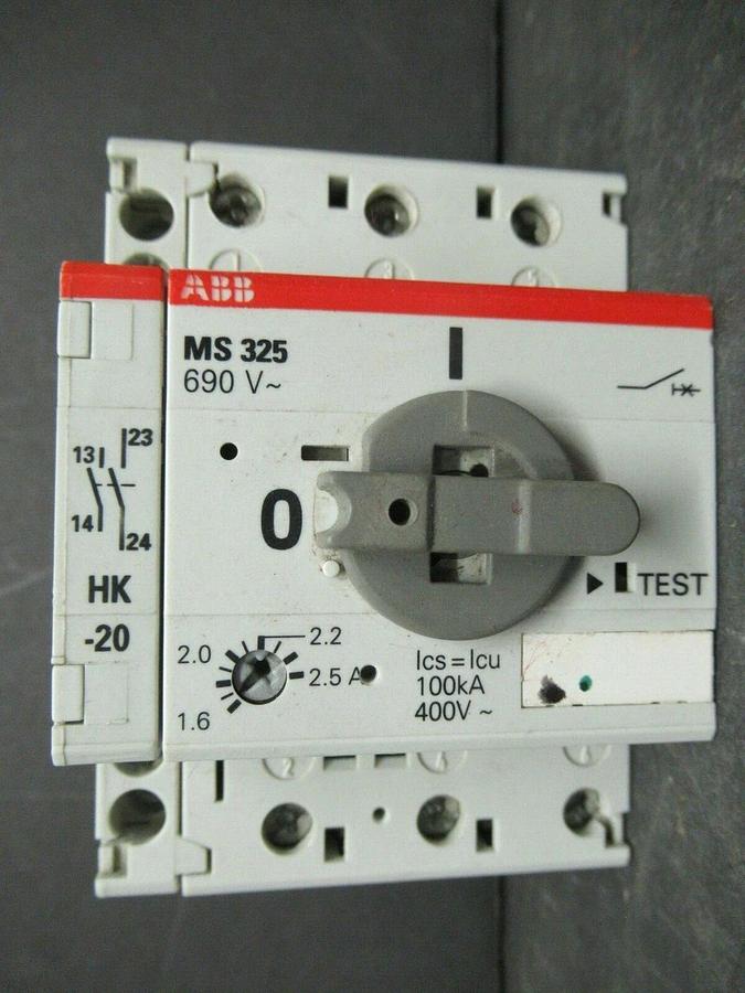 Used ABB MANUAL MOTOR START MS325 1.6-2.5 AMP 600 VAC W/ AUXILIARY CONTACTS