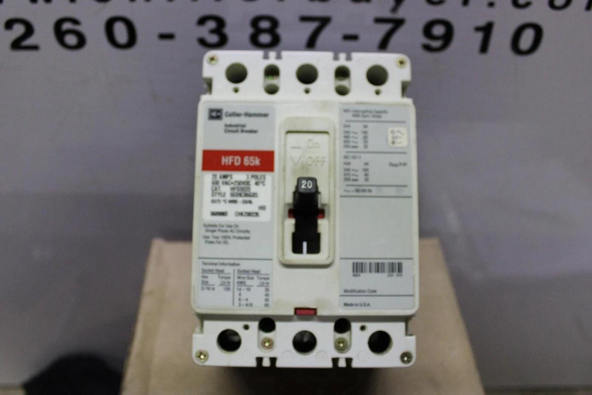 Used CUTLER HAMMER CIRCUIT BREAKER HFD3020 20 AMP 600 VAC 3-POLE *WARRANTY*