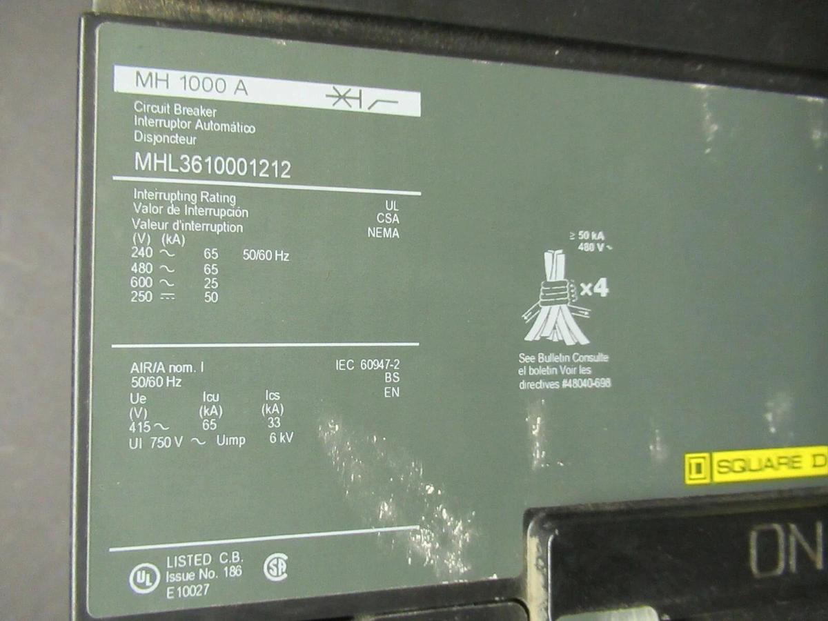 Used SQUARE D CIRCUIT BREAKER MHL3610001212 1000 AMP 600 VAC 3-POLE 3-PHASE