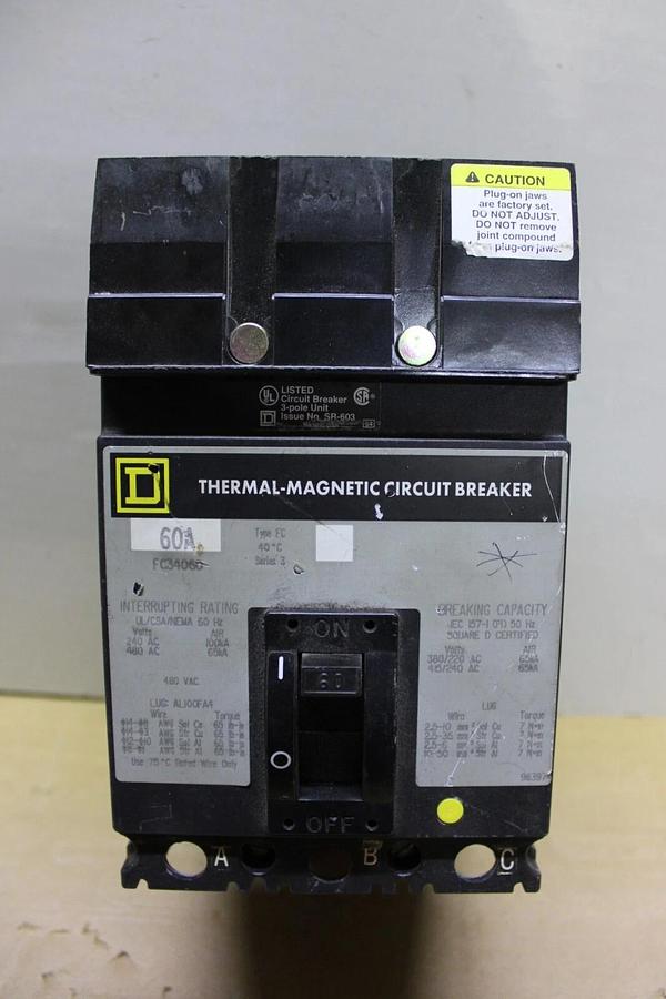 Used SQUARE D I-LINE CIRCUIT BREAKER FC34060 60 AMP 480 VAC 3-POLE **WARRANTY**
