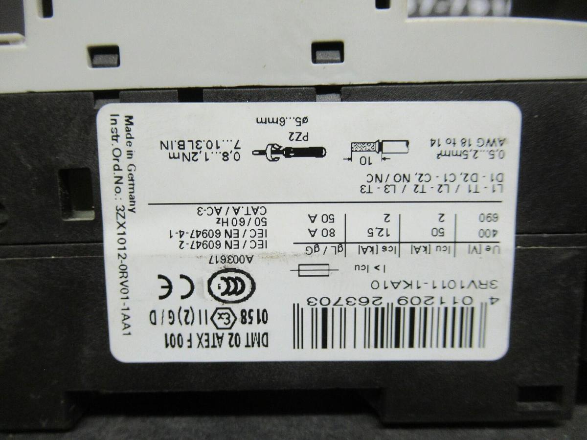Used SIEMENS MANUAL MOTOR START 3RV1021-1KA10 600 VAC 12 AMP 10 HP