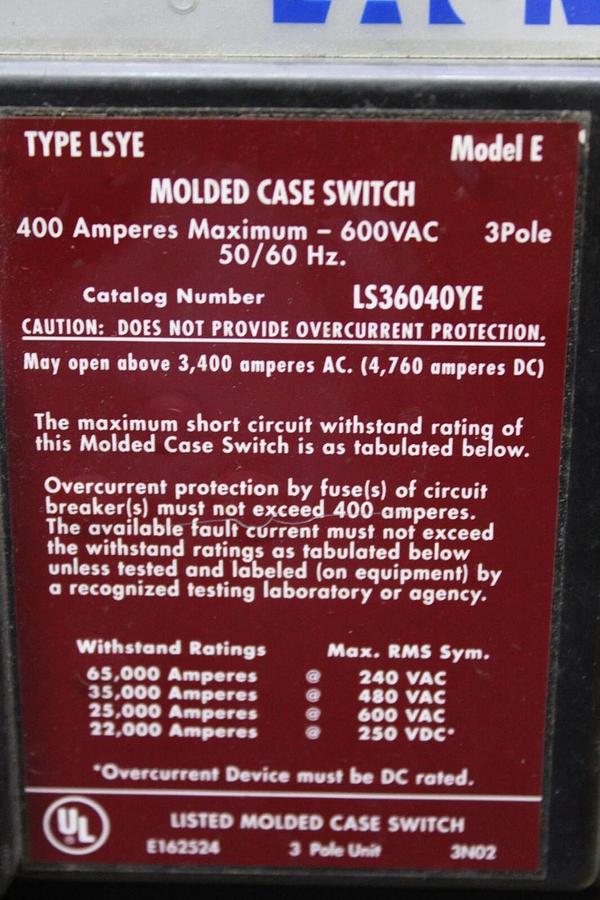 Used CUTLER HAMMER MOLDED CASE SWITCH LS36040YE 400 AMP 600 VAC 3-POLE