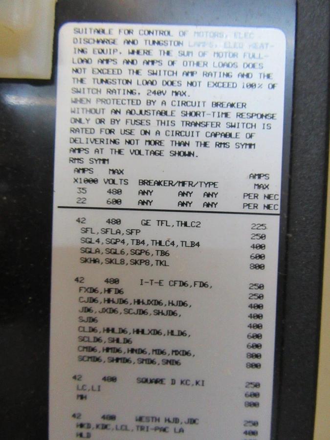Used 260 AMP KOHLER ASCO ATS AUTOMATIC TRANSFER SWITCH K-164231-260 240 V 1 PH 60 HZ