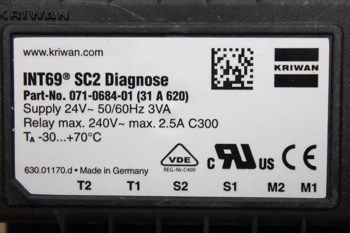 Used KRIWAN MOTOR PROTECTOR INT69 SC2 DIAGNOSE 071-0684-01 (31-A-620) 240 VAC 2.5A