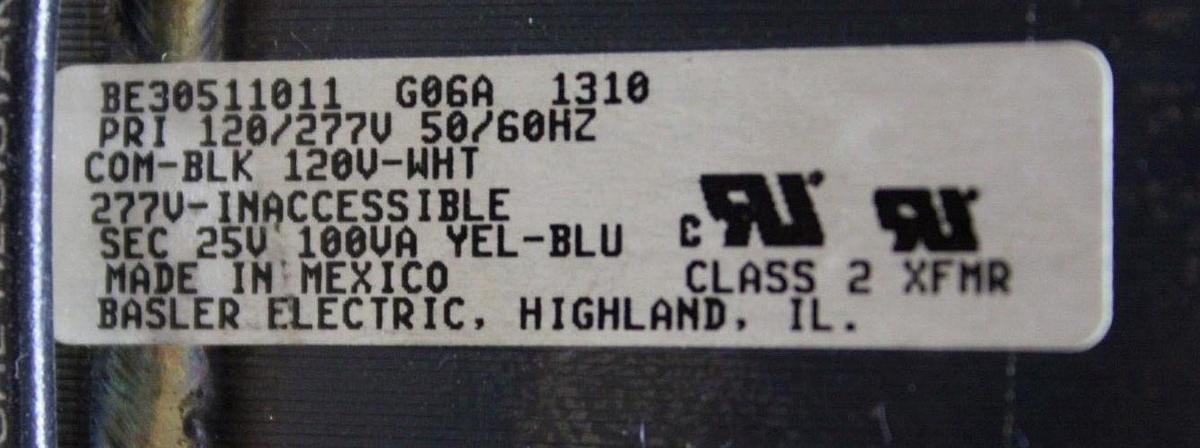 Used 100 VA BASLER ELECTRIC TRANSFORMER BE30511011 100 VA PRI: 277V SEC: 25V / 24V