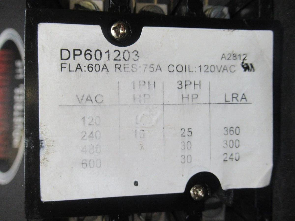 Used SUPCO CONTACTOR DP601203 600 VAC 30 HP 60 AMP COIL: 120 VAC