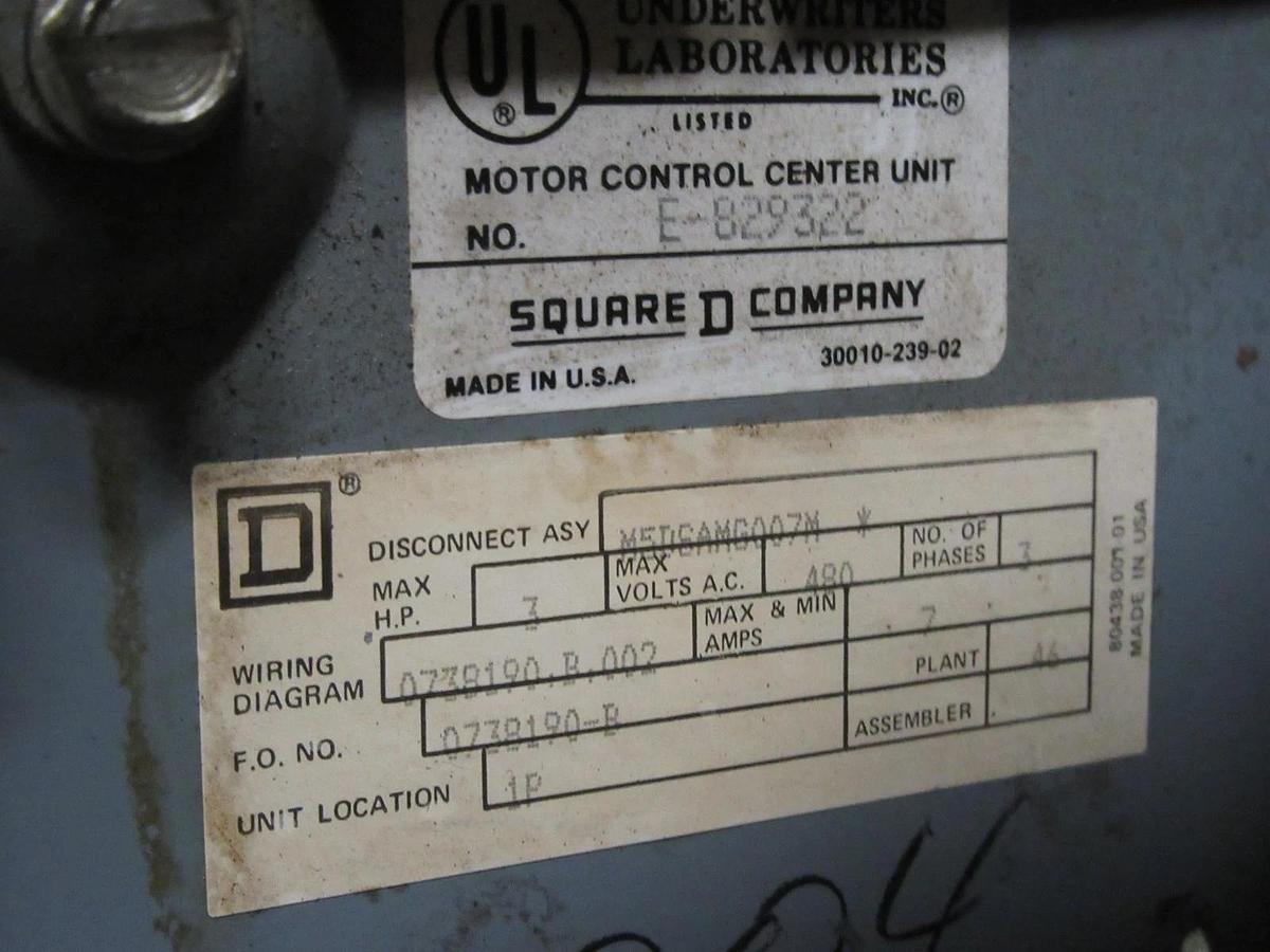 Used SQUARE D 12" MODEL 5 MCC STARTER BUCKET 480 VAC 7 AMP W/ NEMA SIZE 1 STARTER