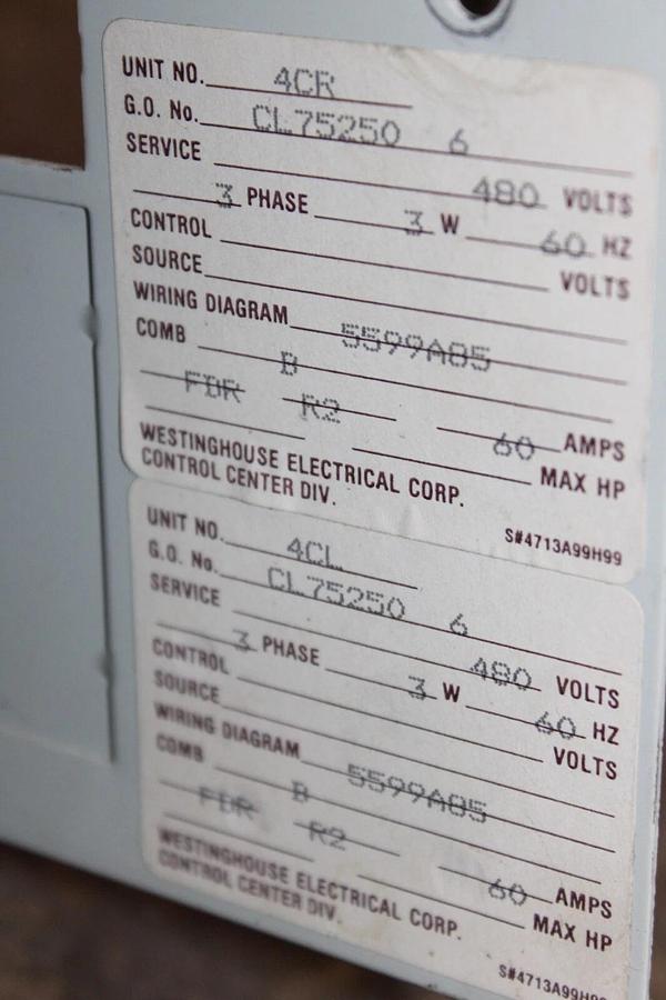 Used WESTINGHOUSE MCC MOTOR CONTROL DUAL/TANDEM FEEDER BUCKET FREEDOM 2100 18"