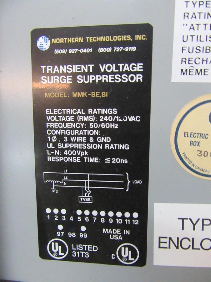 Used NORTHERN TECHNOLOGIES TRANSIENT VOLTAGE SURGE SUPPRESSOR MMK-BI-SS6360 240VAC