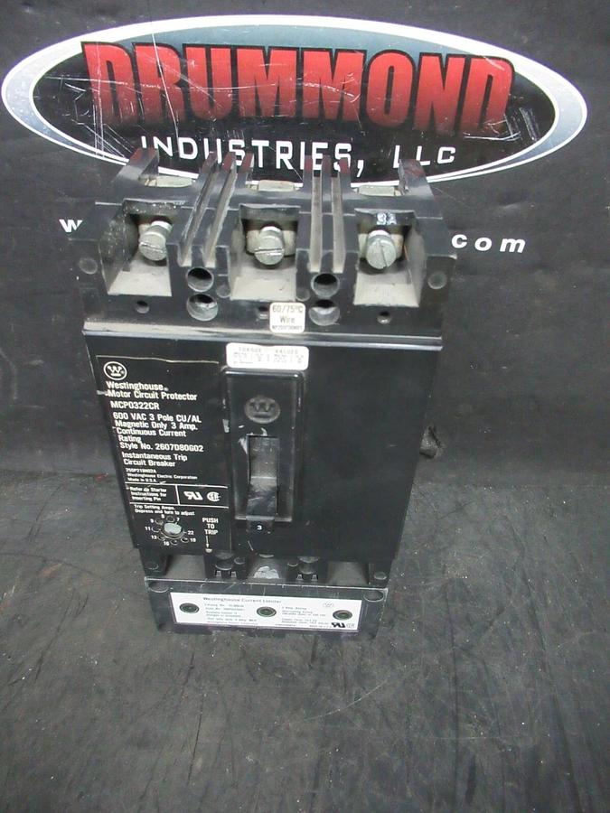Used WESTINGHOUSE MOTOR CIRCUIT PROTECTOR MCP0322CR 3 AMP 600 VAC 3-POLE