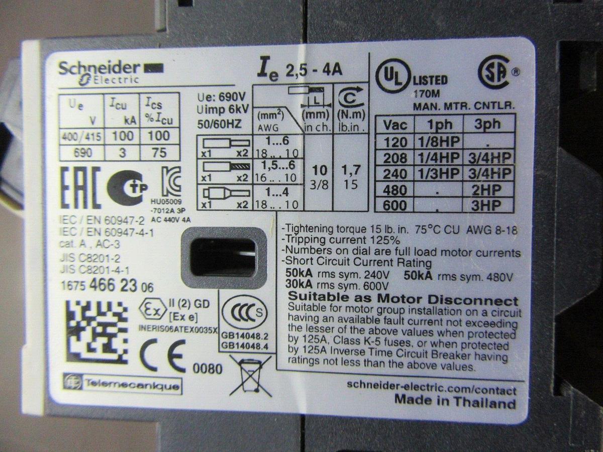 Used SCHNEIDER MANUAL MOTOR STARTER GV2ME08 2.5-4 AMP 600 VAC 3 HP **WARRANTY**